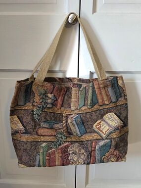 Vintage Style Tapestry Tote Bag Bookshelf Library Dark Academia Book Lover